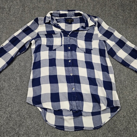 Tinsel Plaid Button Up Shirt Small Navy Blue White Lightweight Casual Minimalist - Picture 4 of 9